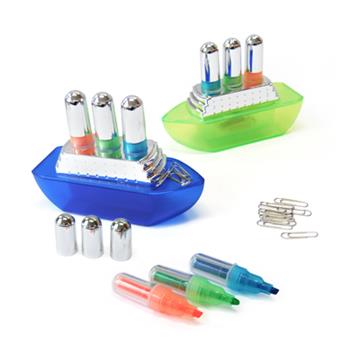 JSS1006 - SHIP-SHAPED PAPER CLIP DISPENSER WITH HIGHLIGHTER